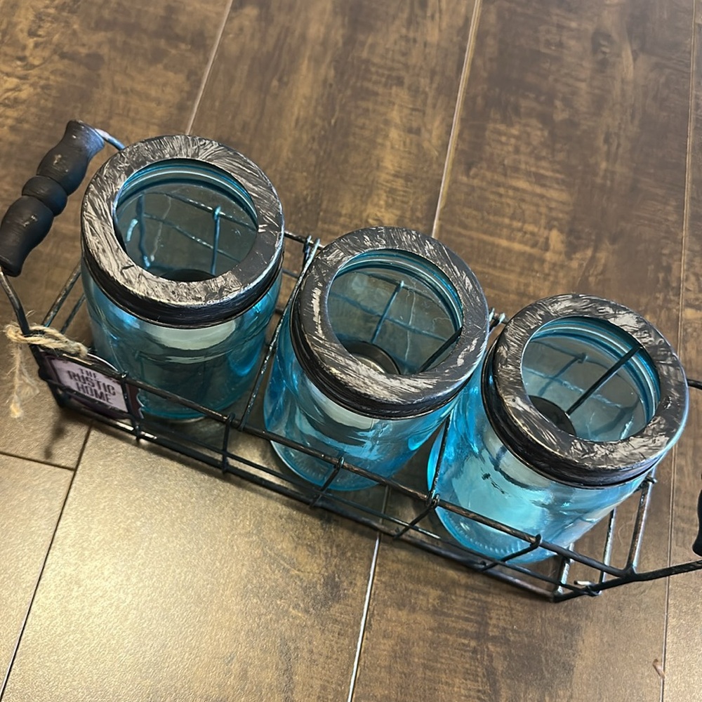 Blue Mason Jar Set with Metal Holder - Picture 2 of 3